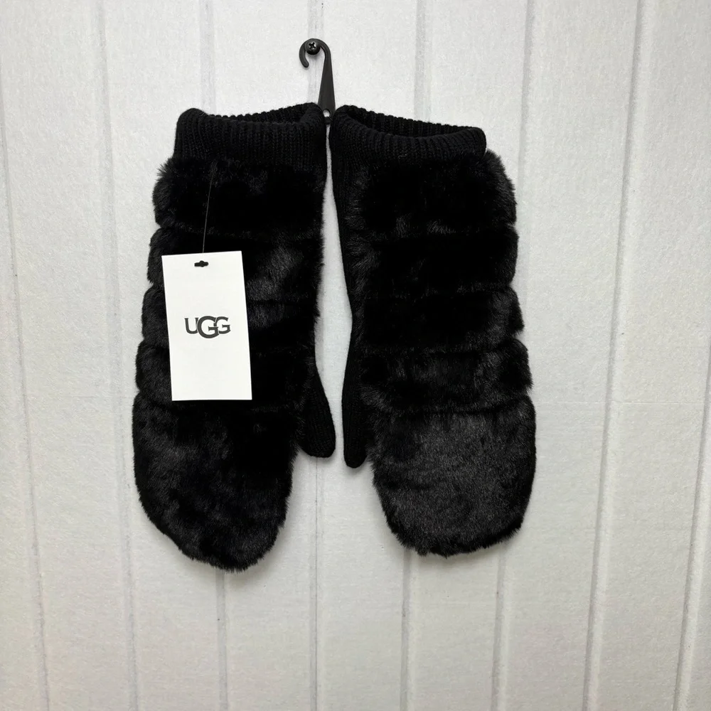 UGG Luxe BLACK‎ FAUX FUR FUZZY WOOL BLEND MITTENS WITH SHERPA LINING size L/XL